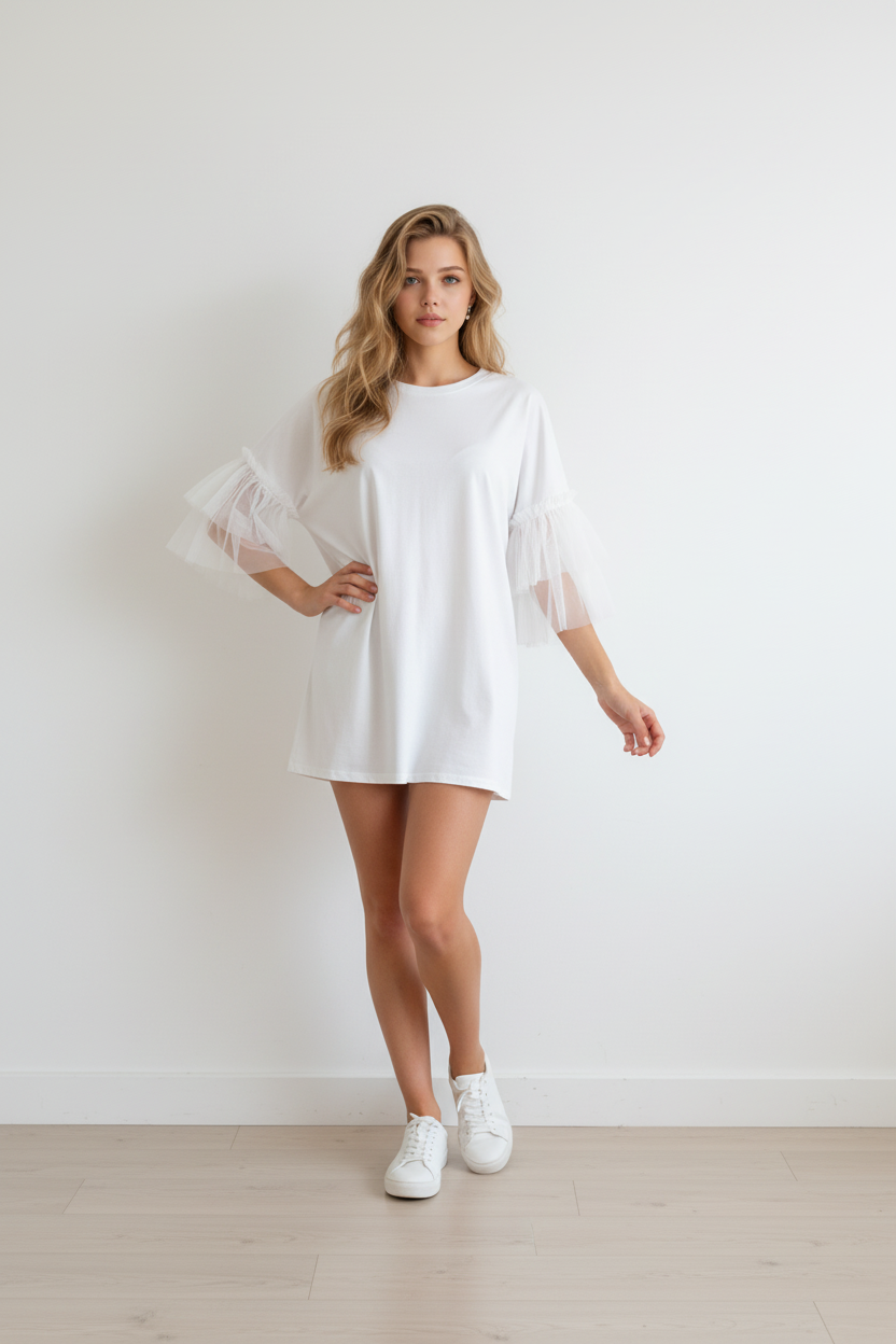 Frill Mesh Puff Sleeve Mini Dress