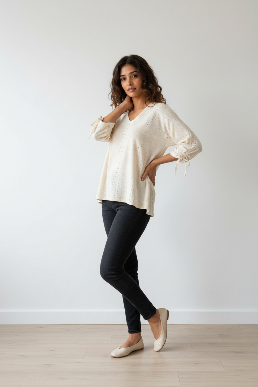 Ruched Sleeve Blouse in Stone