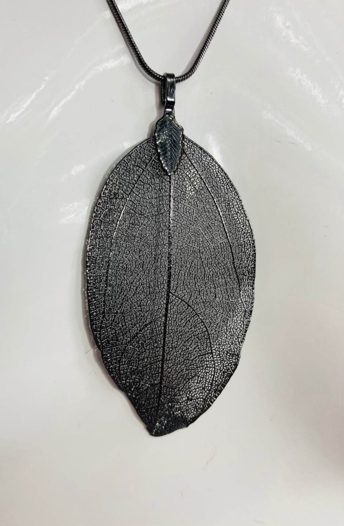 Skeleton Leaf Pendant Necklace in Gun Metal Grey