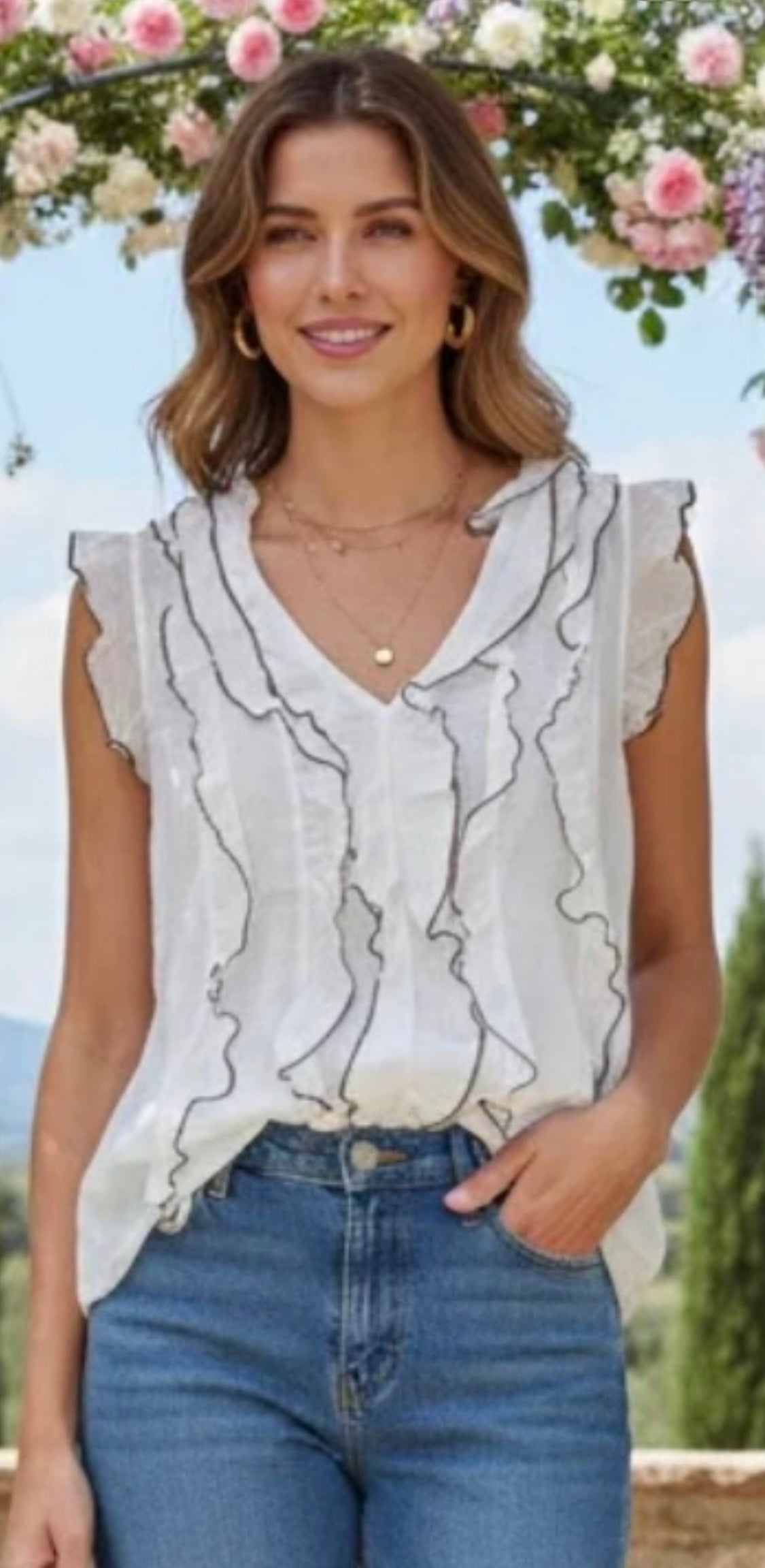 Ruffle Front Blouse in White