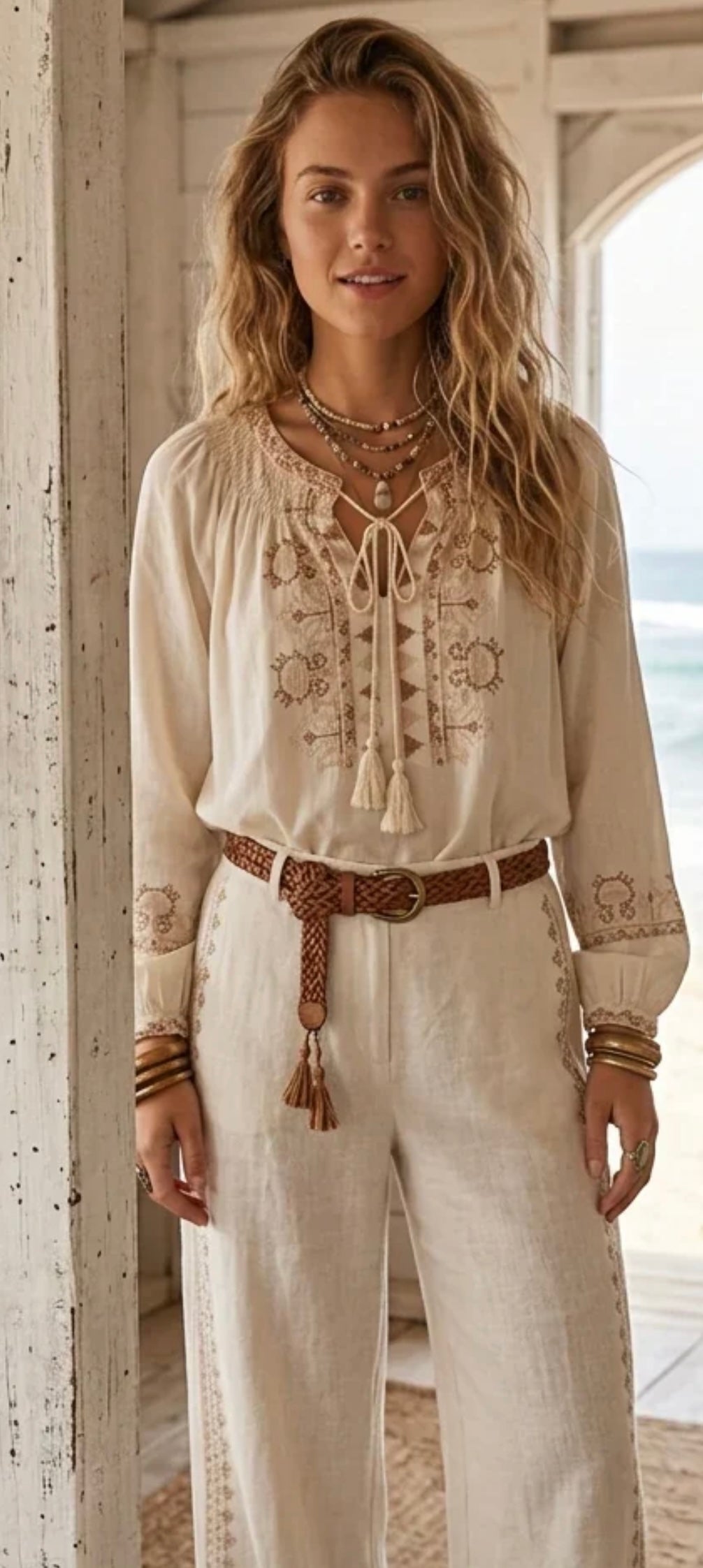 Embroidery Boho Blouse in Beige
