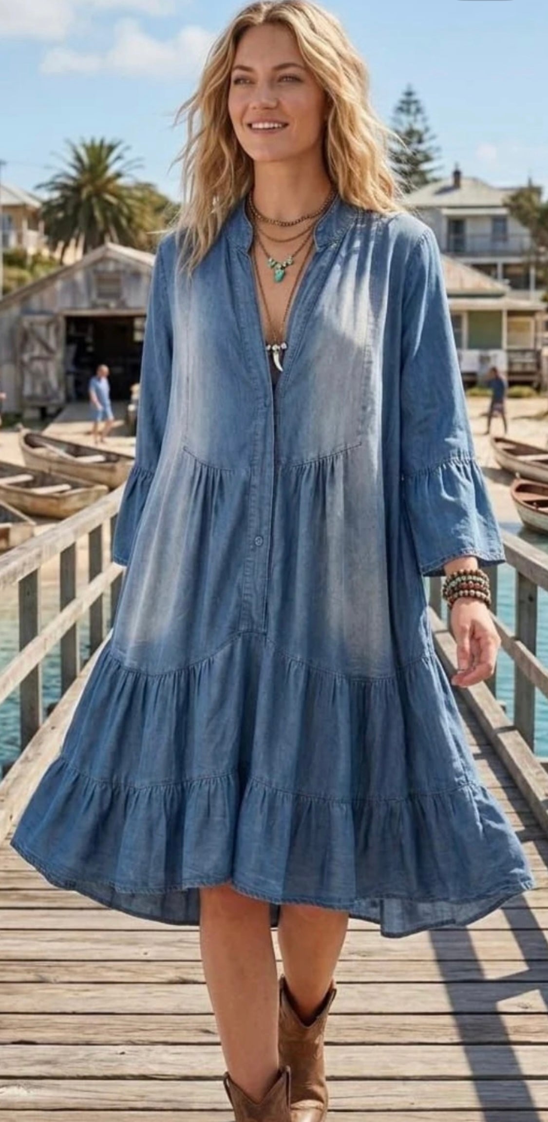 Denim Tiered Smock Dress