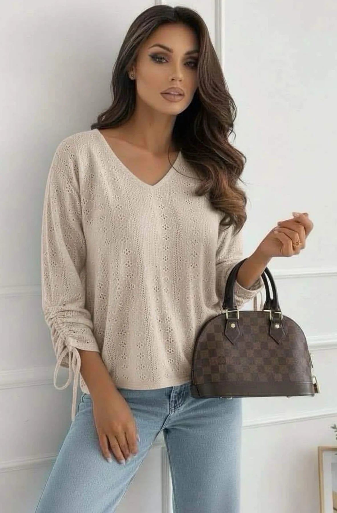 Ruched Sleeve Blouse in Stone
