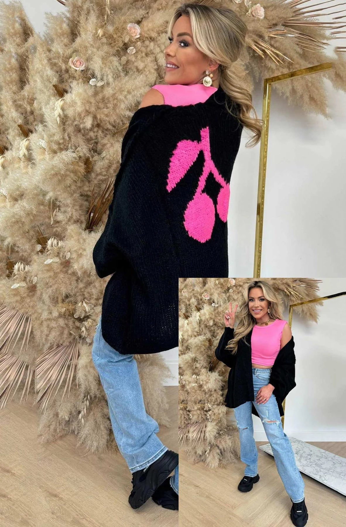 Cherry Longline Cardigan in Black