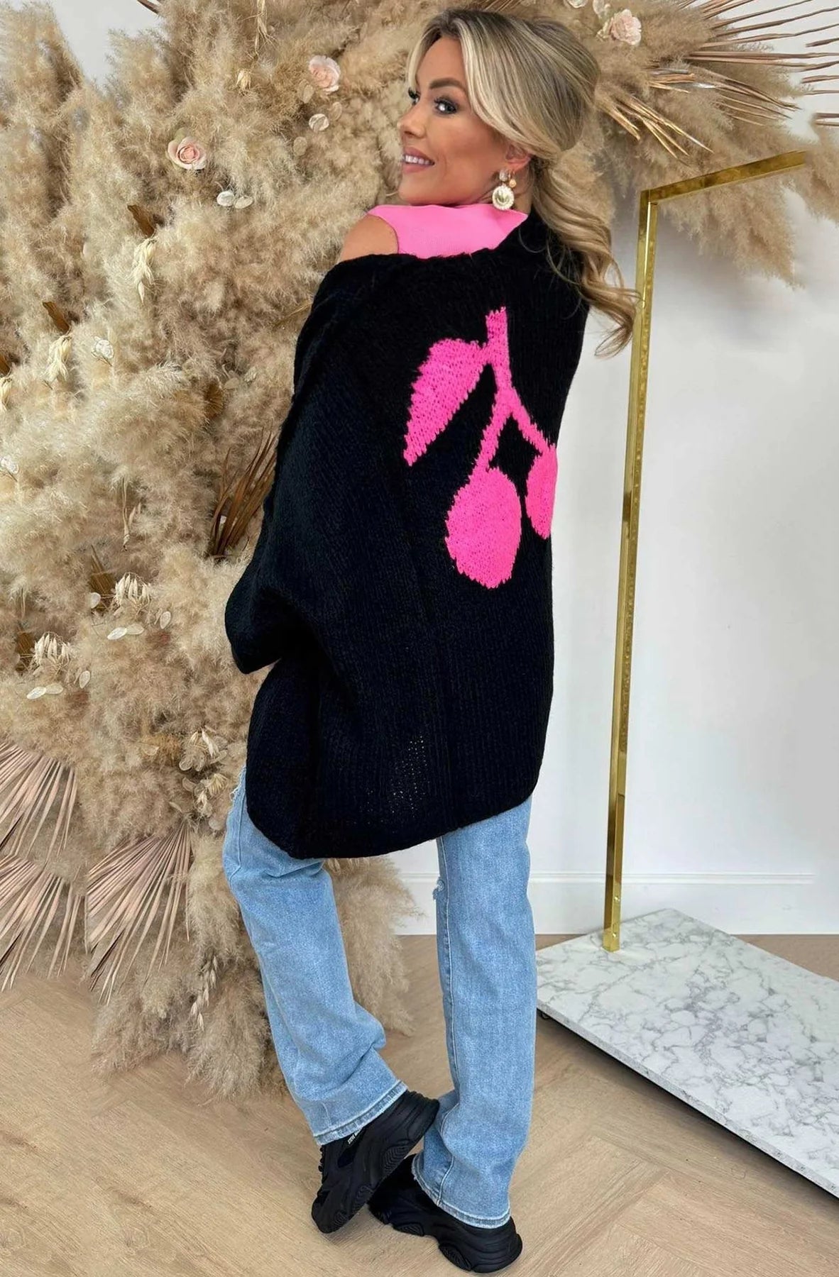 Cherry Longline Cardigan in Black