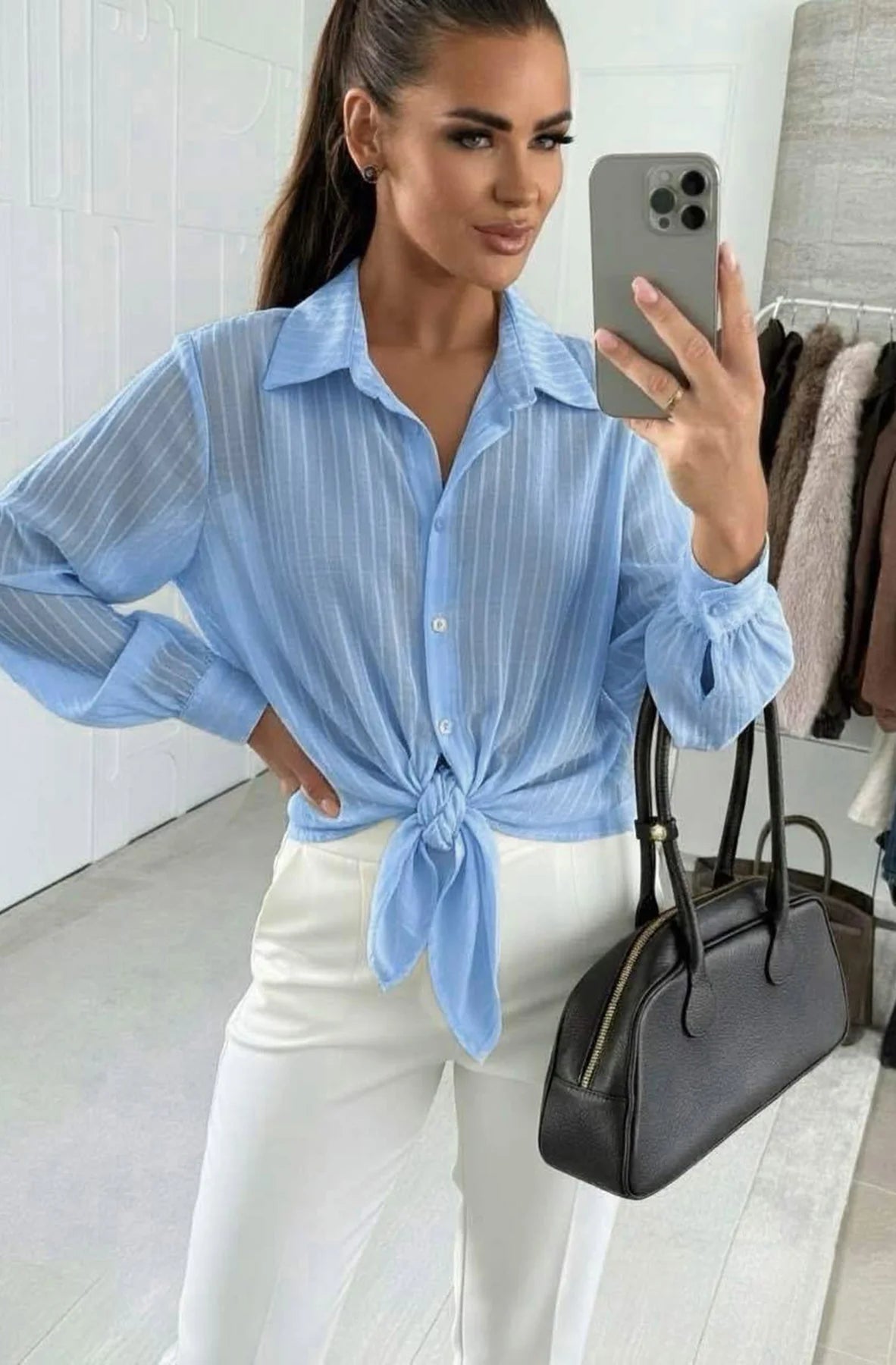 Tie Front Stripe Shirt in Blue