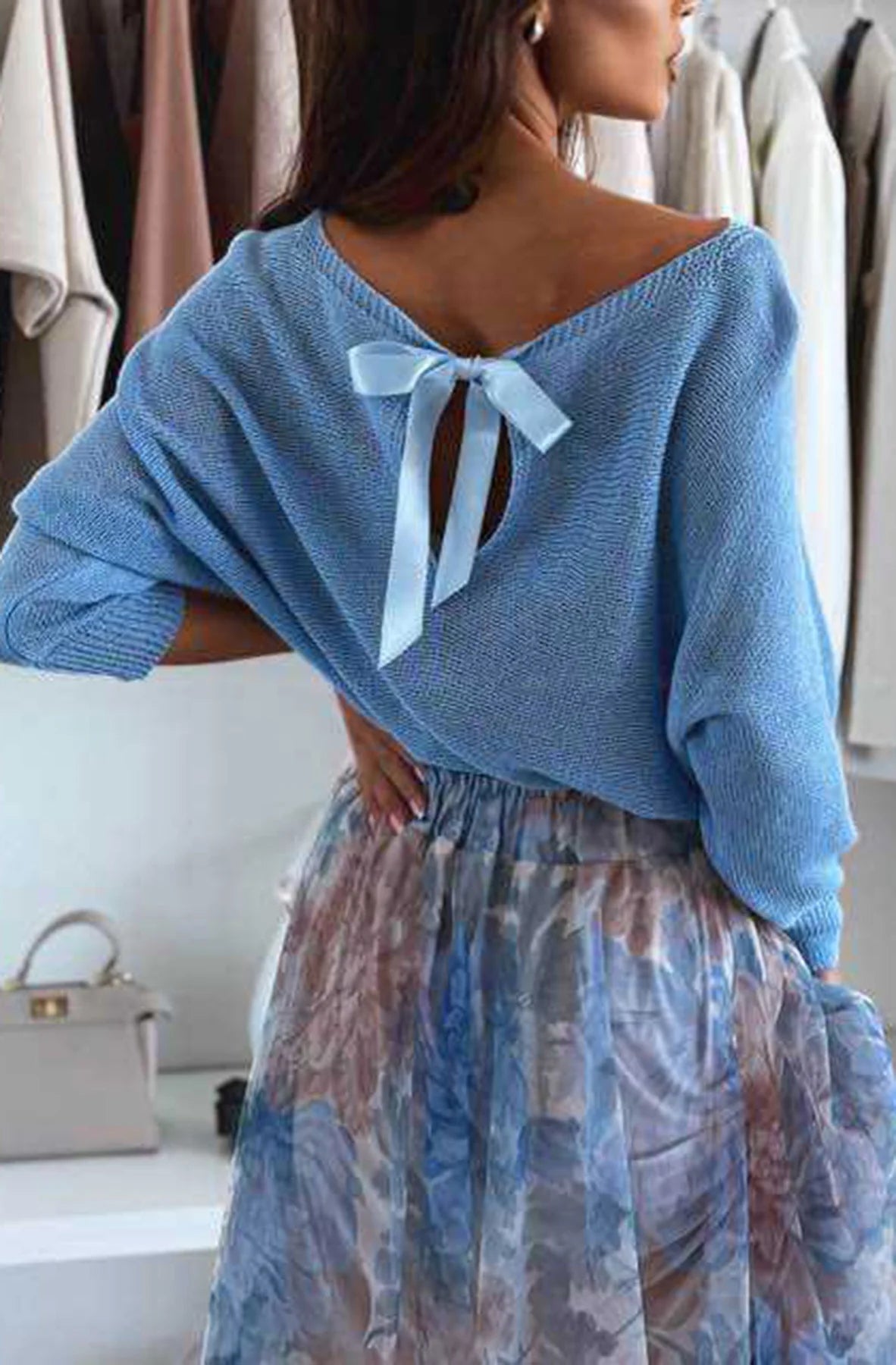 Bow Back Light Knit Jumper in Blue