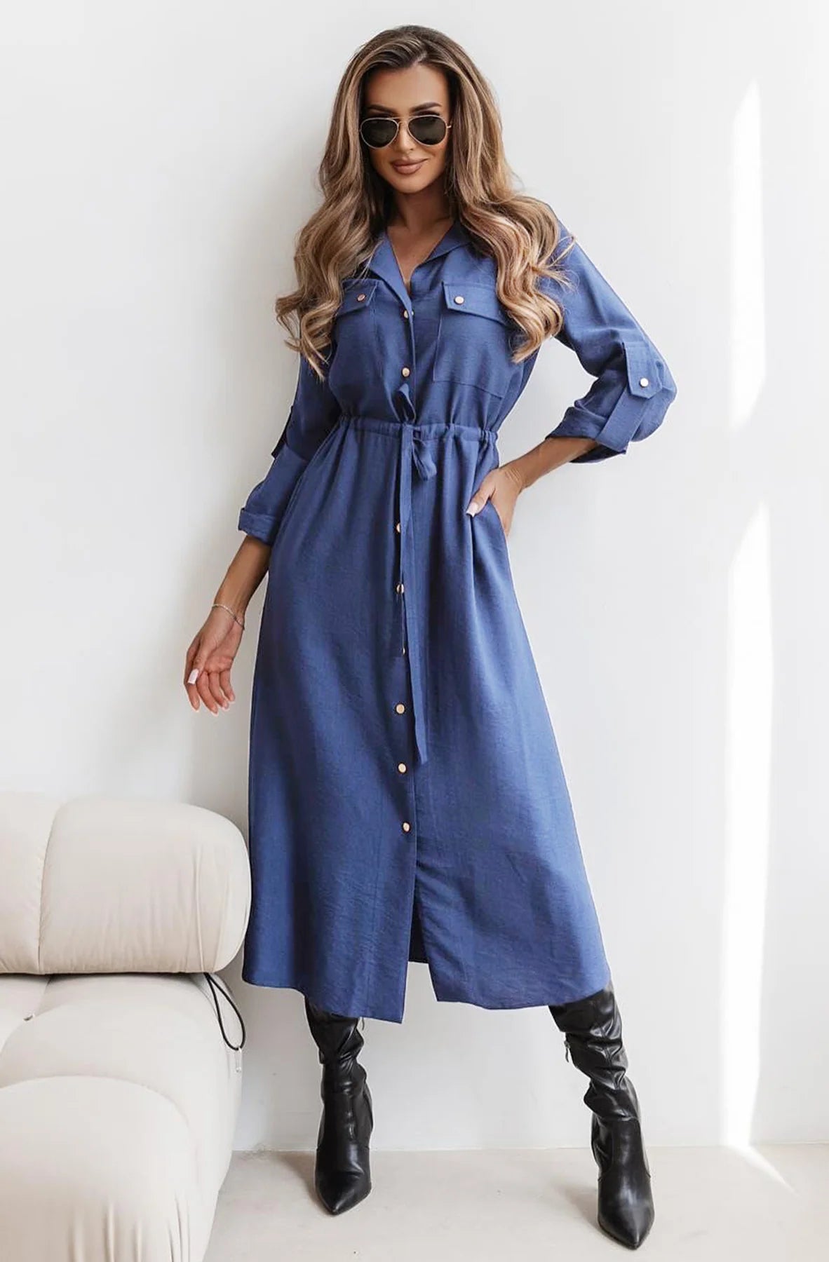Midaxi Shirt Dress in Blue