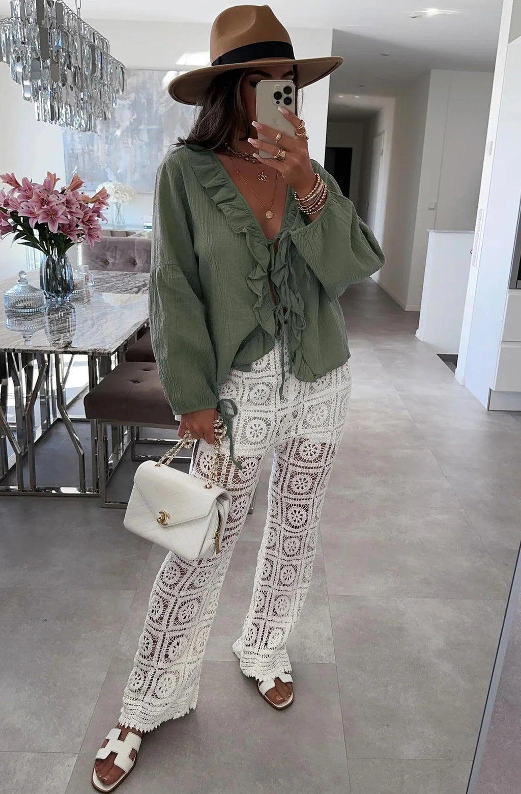 Tie Up Frill Blouse in Khaki