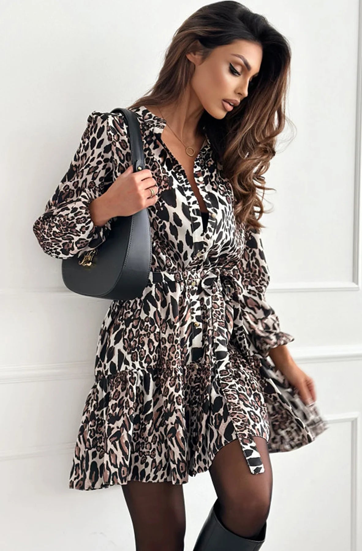 Leopard Print Frill Belt Dress