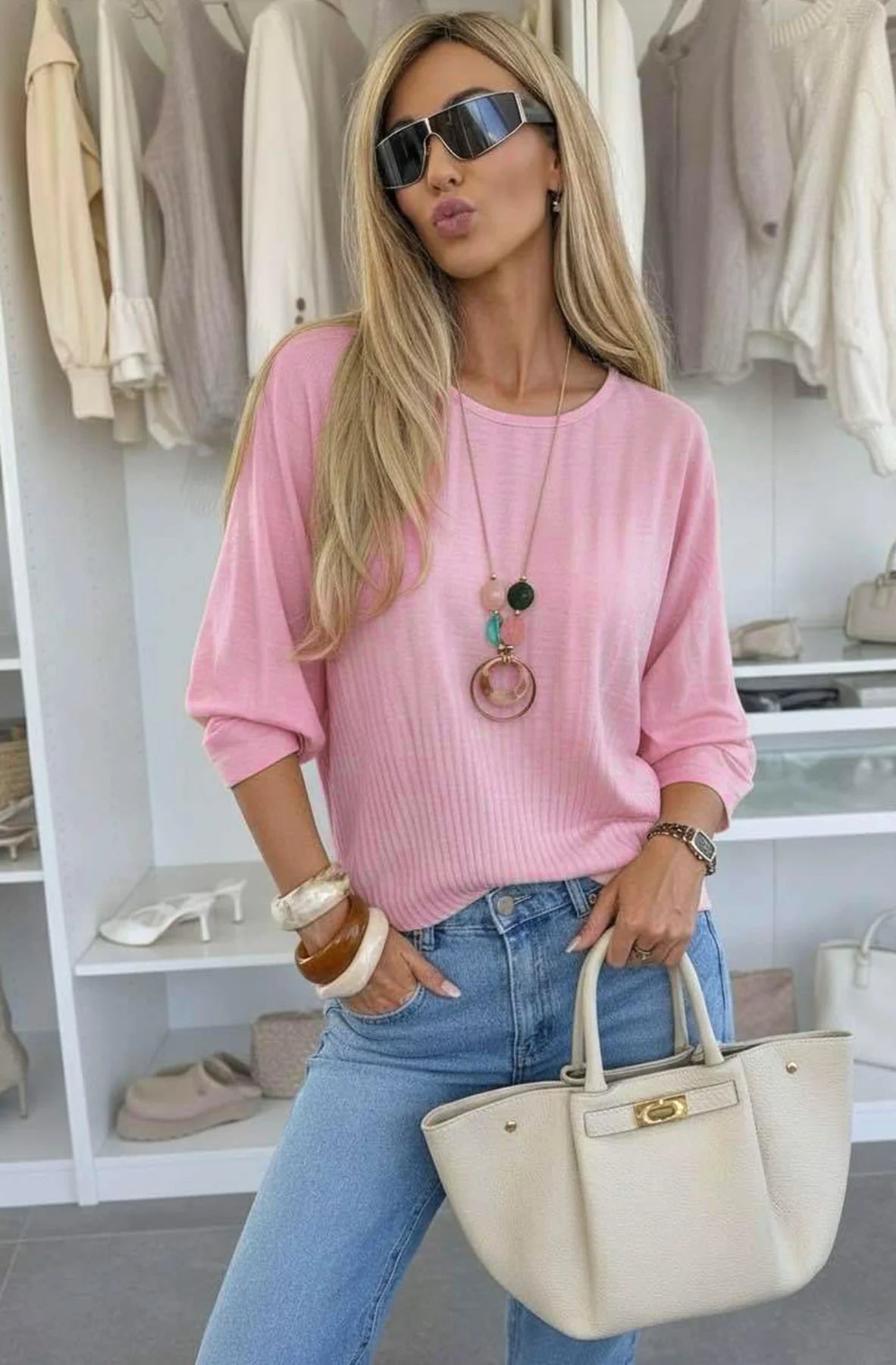 Pleated Necklace Blouse in Pink