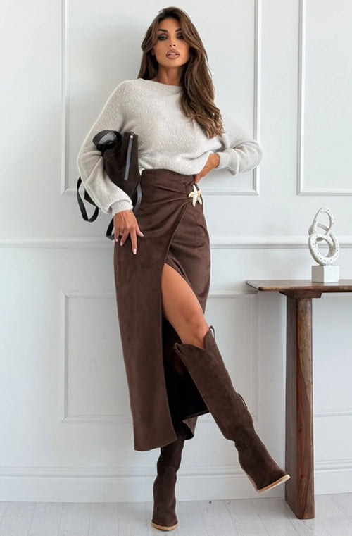 Draped Suedette Split Star Brooch Midaxi Skirt in Chocolate