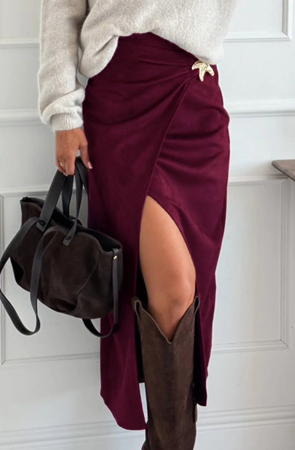 Draped Suedette Split Star Brooch Midaxi Skirt in Wine
