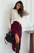 Draped Suedette Split Star Brooch Midaxi Skirt in Wine