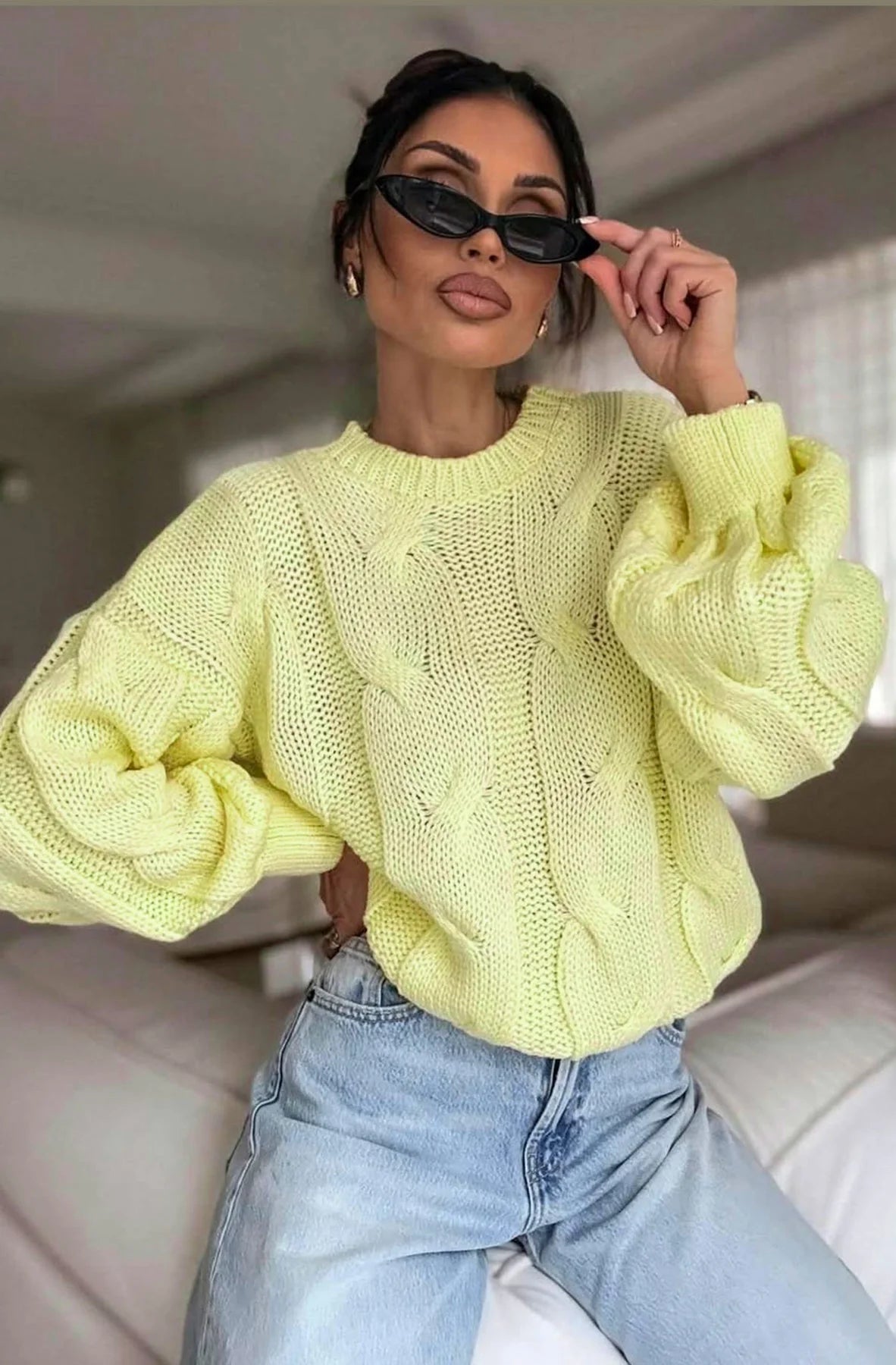 Knitted Cable Knit Jumper in Yellow