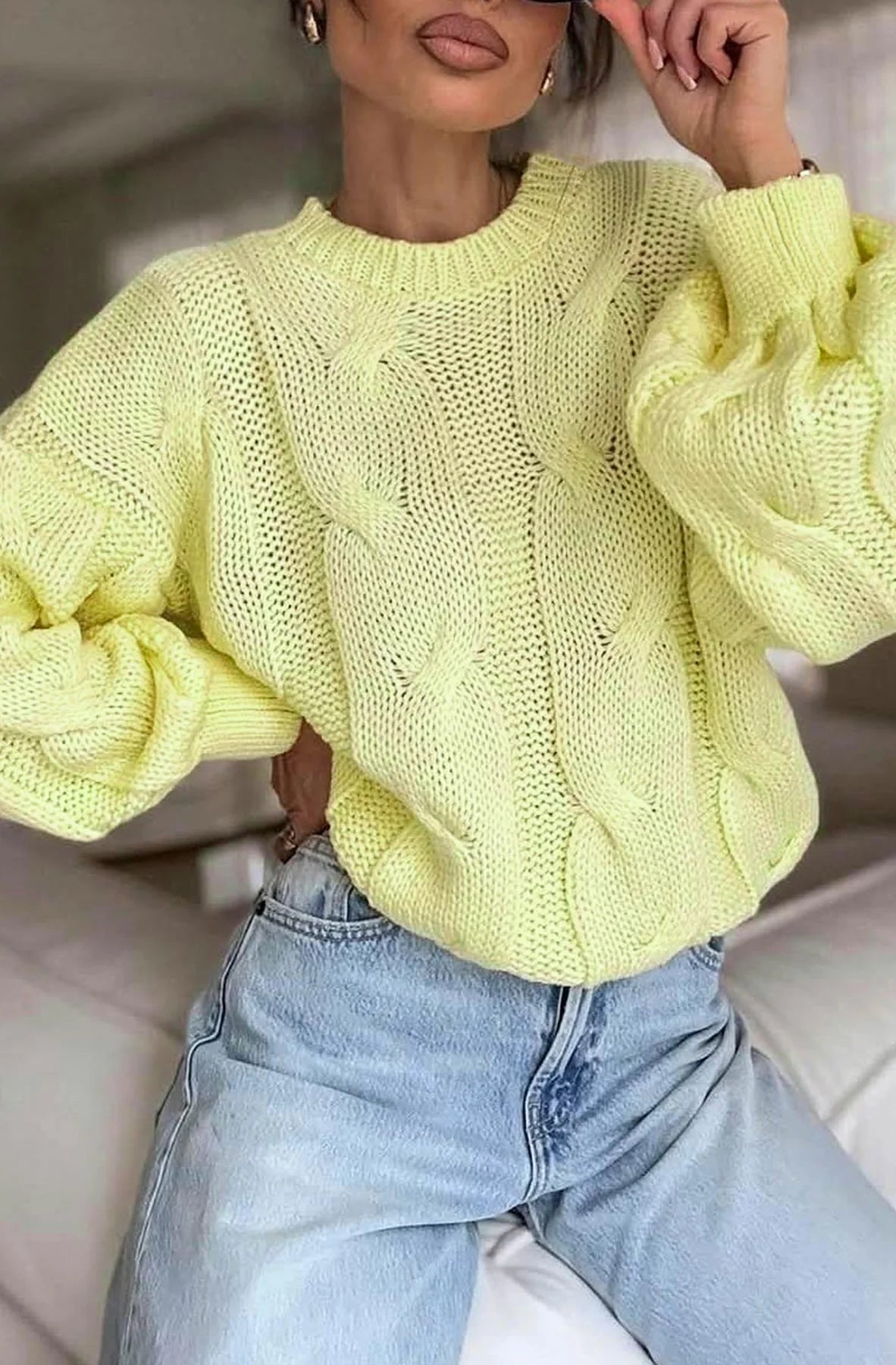 Knitted Cable Knit Jumper in Yellow